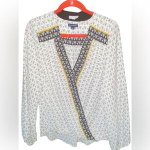 Max Edition White Printed V-Neck Blouse with Yellow & Black Trim